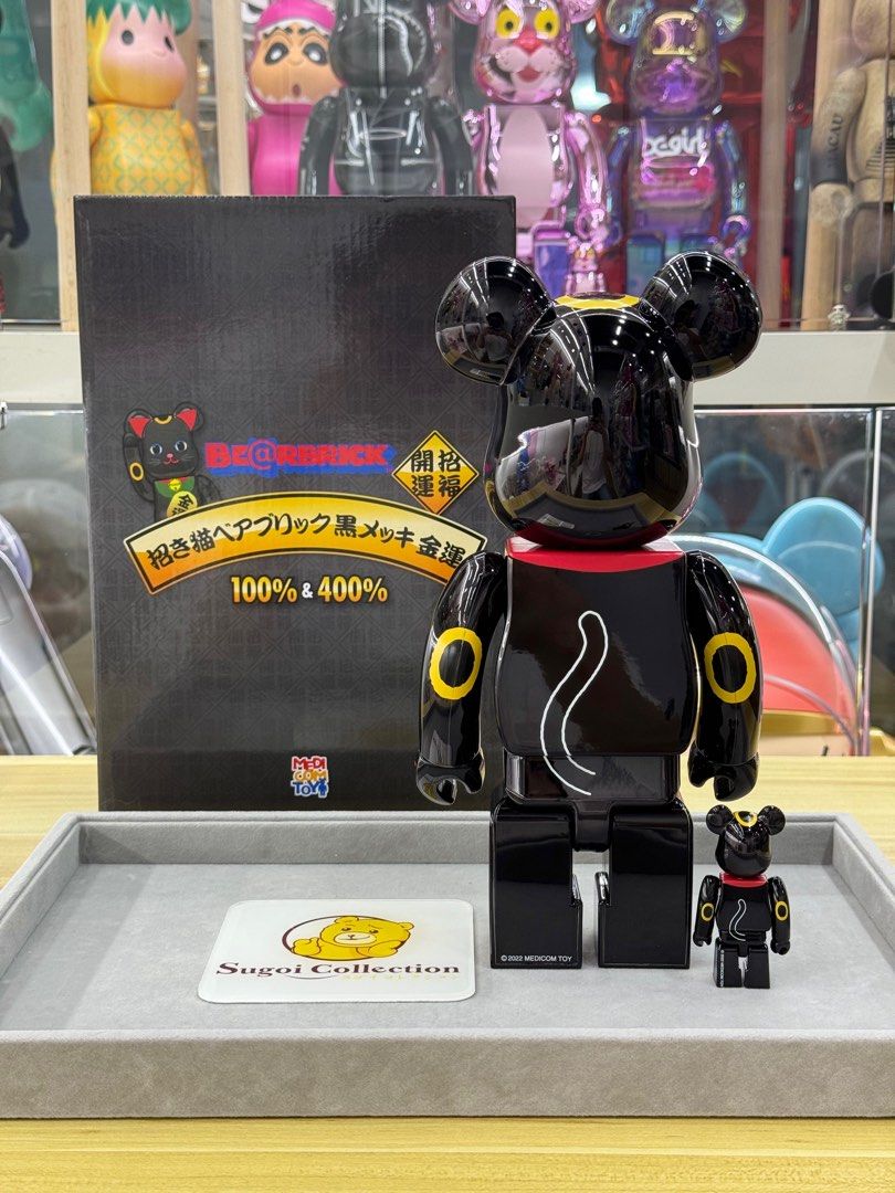 BE@RBRICK x Maneki Neko 100%+400% Black Chrome ver. Gold Luck 金运 lucky cat fortune cat